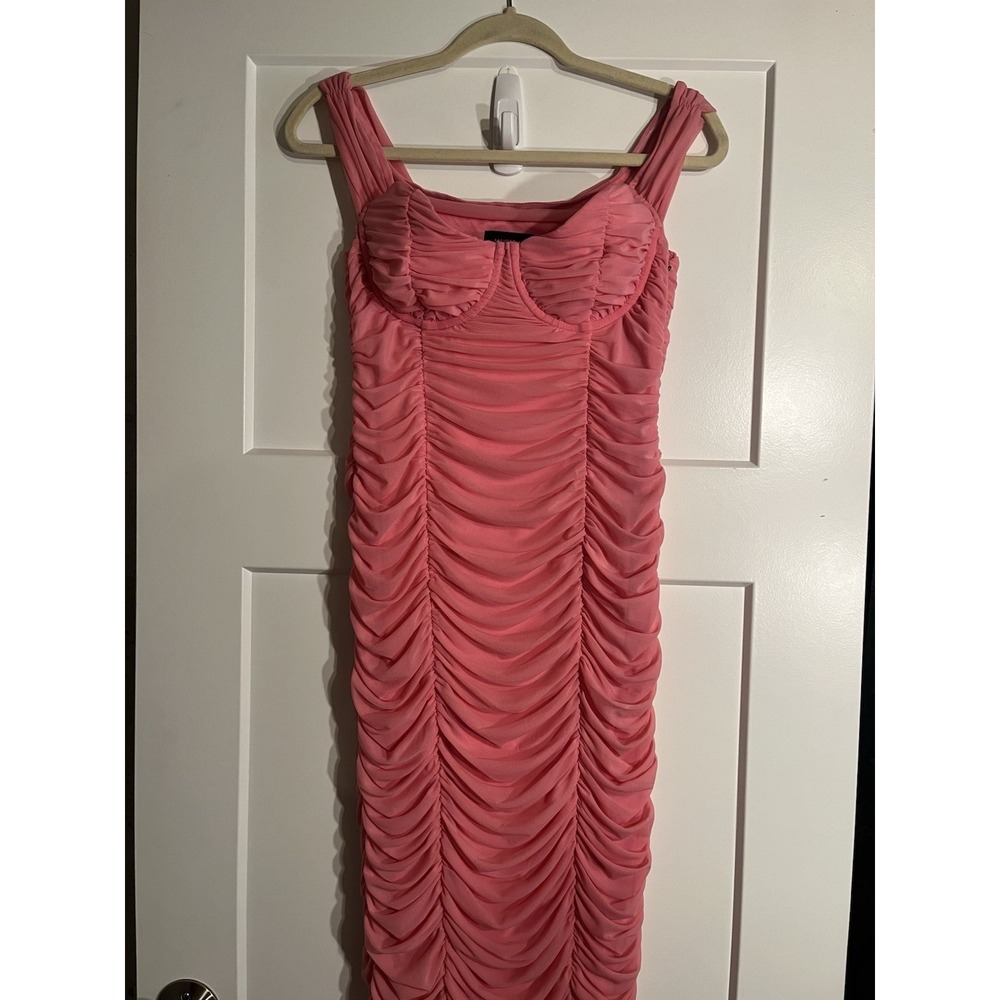 MAJORELLE Tabitha Midi Dress Womens M Bubblegum Pink Ruched Mesh Bodycon